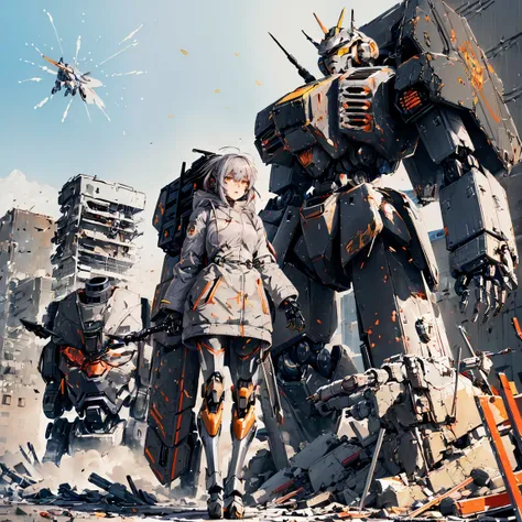 winter, japanese anime style, armored-core, slender black robot, 10 ft, small head, collapsed building, cool tall woman, cute face gray parka, huge breasts,dynamic angle, cute face, millet(backpack),(gray parka:1.5), cover ones face with a hood,(painting t...