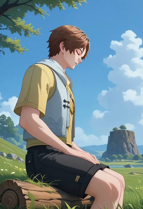 score_9, score_8_up, score_7_up, source_anime, rating_safe, tall grass, Beiwuwa, 1boy, male focus, closed eyes, white cropped vest, yellow shirt, black shorts, sitting, grassland, blurry clouds, sky, peaceful, from side, from below, scenery, wood log, rock...