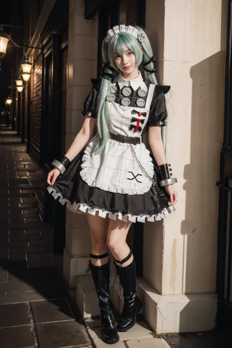 realistic,photorealistic,full body,1girl,solo,smile,looking at viewer,standing,corin cosplay costume,corin,cosplay,long hair,green hair,twintails,hair ornament,maid,dress,frilled dress,frills,apron,maid apron,maid headdress,puffy short sleeves,belt,chain,w...