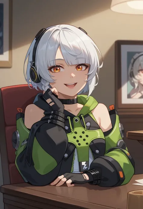 score_9, score_8_up, score_7_up, source_anime, 1girl, anbydef, orange eyes, white hair, short hair, side braid, headphones, black choker, bare shoulders, detached sleeves, puffy long sleeves, green jacket, crop top, midriff, black belt, black miniskirt, pleated skirt, highleg panties, thigh strap, black thighhighs, black gloves, fingerless gloves, sitting, on chair, table, head rest, smile, open mouth, looking at viewer, indoors, portrait, close-up, upper body, facing viewer, <lora:Anby_v1-000010:1>