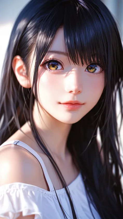 Close-up details, realistic style photo Japanese young woman, black hair, long hair, outstanding style, tall, cute, in her teens. Use soft lighting to cast gentle shadows on the subject, adding a touch of dimension to your images without compromising detai...