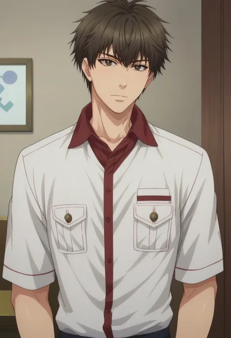 score_9, score_8_up, score_7_up, source_anime, highly detailed, 
akikaido, 1boy, male focus, solo, breast pocket, looking at viewer, pocket, shirt,
red shirt, upper body, brown eyes, collared shirt, closed mouth, indoors, brown hair,