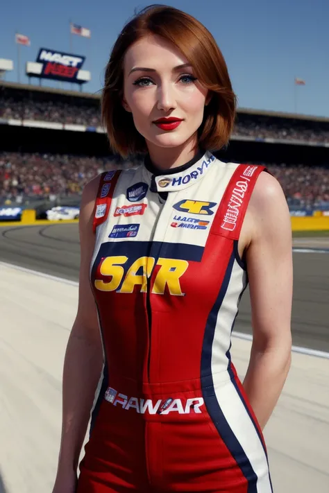 caricevanhouten, ((detailed skin, detailed face,detailed eyes, beautiful eyes)), ((red lipstick, blush, eye shadow, eyeliner, pale skin)),  photo of a woman, ((short hair, nascar outfit, nascar jumpsuit, race car, race track, outdoors)), (cowboy shot, wais...