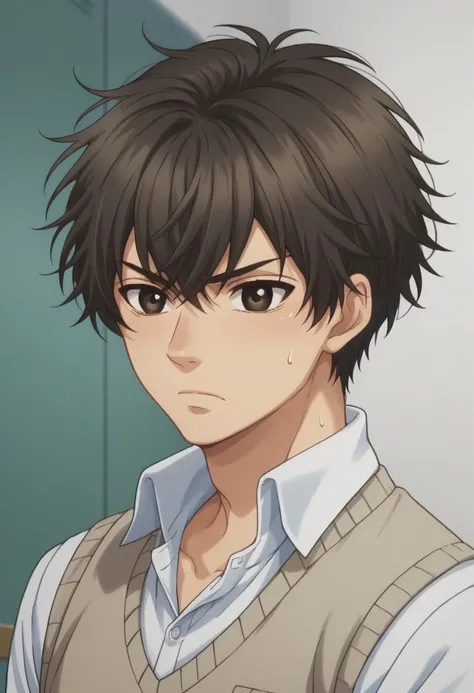 score_9, score_8_up, score_7_up, source_anime, highly detailed,  
renkaido, 1boy, male focus, solo, frown, sweater vest, sweatdrop, brown hair, shirt,
sweat, school uniform, brown eyes, collared shirt, white shirt,
indoor,