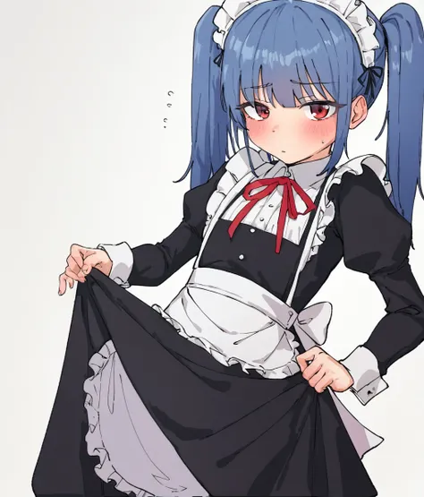 score_9, score_8_up. score_7_up, <lora:drs012:1>, drs012,
1girl,maid apron,maid headdress,white background,red eyes,simple background,long hair,black dress,looking at viewer,twintails,blue hair,long sleeves,blush,closed mouth,juliet sleeves,red ribbon,whit...