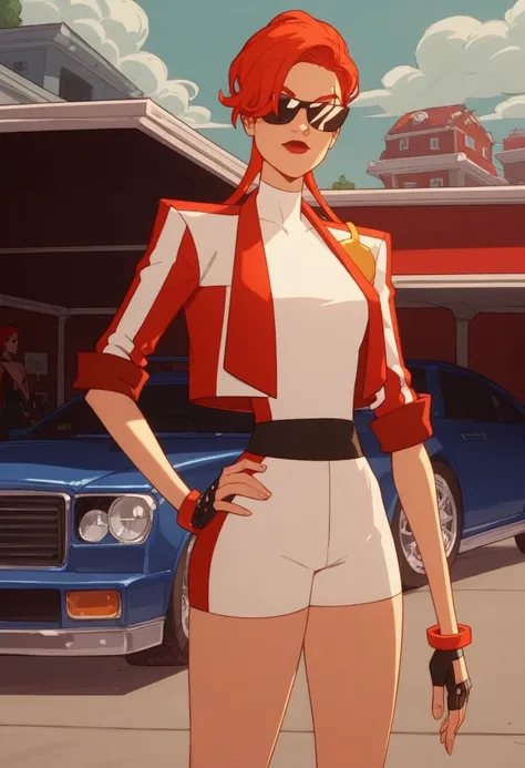 Score_9_up, score_8_up, score_7_up, BREAK, Expressiveh, 1girl, solo, no2mtcy, red hair, sunglasses, jacket, facial scar, bike shorts, bracelet, fingerless gloves, hand on hip, garage