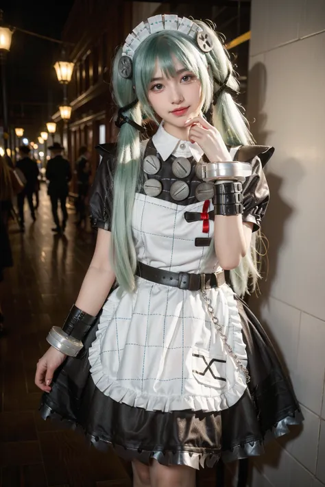 realistic,photorealistic,cowboy shot,1girl,solo,smile,looking at viewer,standing,corin cosplay costume,corin,cosplay,long hair,green hair,twintails,hair ornament,maid,dress,frilled dress,frills,apron,maid apron,maid headdress,puffy short sleeves,belt,chain...
