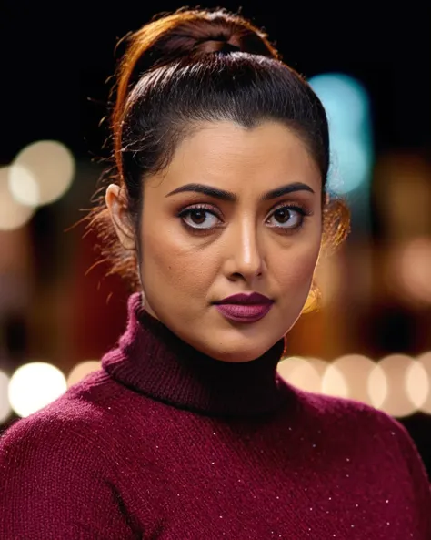 portrait photo of Meena woman, solo, ponytail hair cut, serious look, looking at the camera,  Burgundy turtleneck sweater, night time, contrasting background bokeh,<lora:Meena_SDXL_LoRA_prodigy_local_xformers_HNE:1>