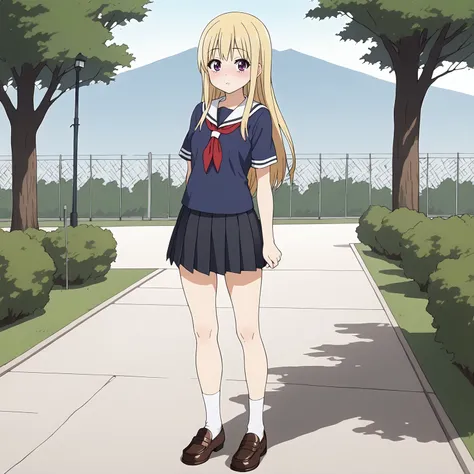 <lora:NBnSd_SanakaSuemoriXLpony003>,
parted lips,blush,
solo,
SanakaSuemori,1girl,blonde hair,long hair,red -purple eyes,
serafuku,blue shirt,short_sleeves,
pleated_skirt,black skirt,
white socks,loafers,
outdoors,
full body,standing,