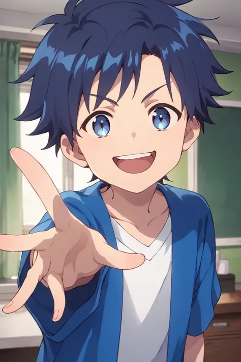 score_9,score_8_up,score_7_up,source_anime,1boy, solo,Chitose,blue hair,blue eyes,Blue jacket, white T-shirt, smile, indoors, looking at viewer, dynamic angle, open mouth, evil smile<lora:EMS-432172-EMS:0.800000>