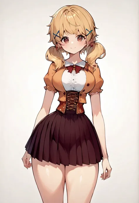 score_9, score_8_up, score_7_up, masterpiece, anime_lineart, solo, big thighs, thin waist, medium breasts, White background, Mary, Blonde hair, brown eyes, twintails, hair ornament, , Blouse skirt,