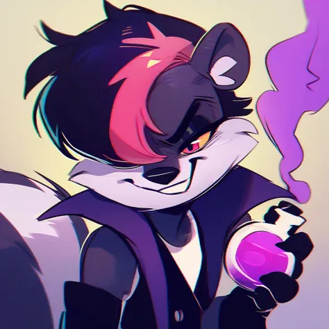 score_9, score_8_up, score_7_up, score_6_up, score_5_up, score_4_up, salem the skunk, standing, smug, holding potion, purple smoke, gradient background <lora:salem:0.75>