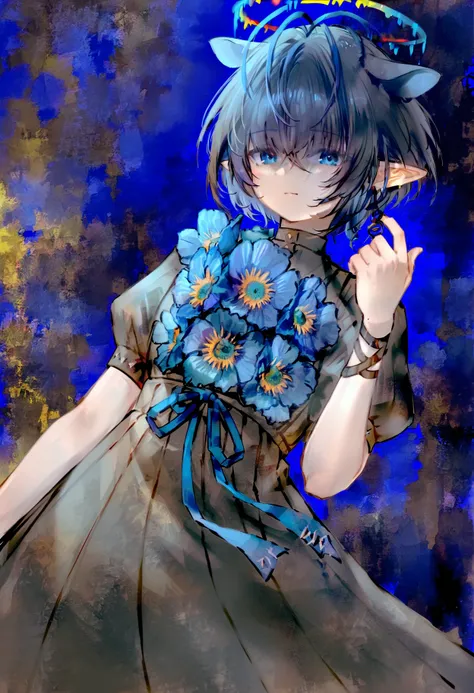 Ninomae Inanis from Hololive English stands against a blue backdrop. She has antenna hair, blue eyes, and a flower ornament. Her alternate costume includes puffy short sleeves and a single earring.