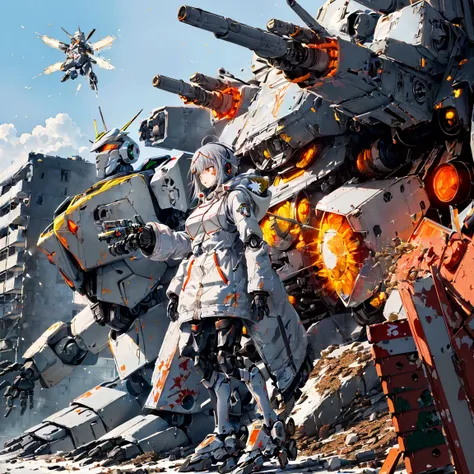 winter, japanese anime style, armored-core, slender black robot, 10 ft, small head, collapsed building, cool tall woman, cute face gray parka, huge breasts,dynamic angle, cute face, millet(backpack),(gray parka:1.5), cover ones face with a hood,(painting t...