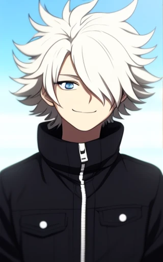 hk_as, anime screencap, 1boy, solo focus, white hair, messy hair, blue eyes, smirk, black jacket, outside, body portrait, jeans, hair over one eye