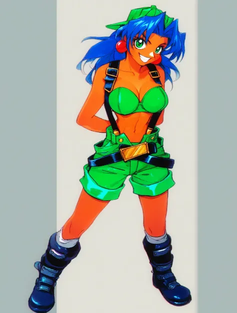 score_9, score_8_up, score_7_up, solo, BREAK, 1girl, full body,
 <lora:Tracy_BAT:1>, anime, Tracy, green eyes, backwards green cap, smiling, hands behind back, blue hair, green bra with suspenders, round earrings, green shorts, leather belt, sheriff badge