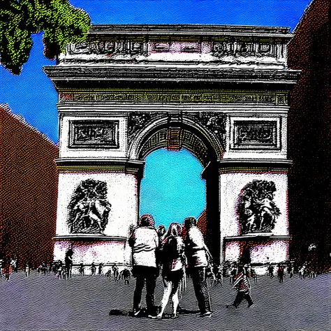 Photo of tourists in front of European arch