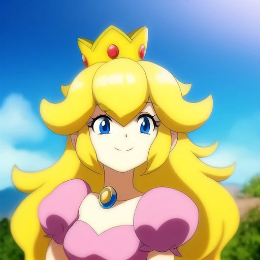 hk_as, anime screencap, 1girl, solo focus, princess peach, blonde hair, blue eyes, long hair, crown, body portrait, smiling, sunny, blue sky, pink dress, dress, gem, puffy short sleeves, puffy sleeves, short sleeves