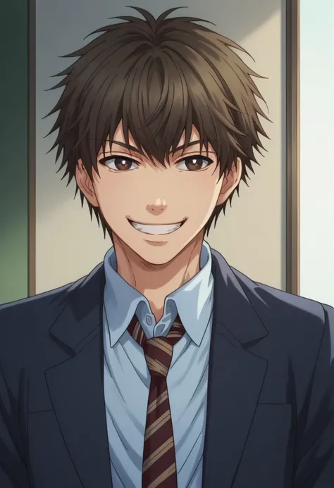 score_9, score_8_up, score_7_up, source_anime, highly detailed, 
akikaido, 1boy, male focus, solo, necktie, jacket, blazer, blue jacket, school uniform, brown eyes, brown hair, parody, striped necktie, upper body, shirt, smile, grin,