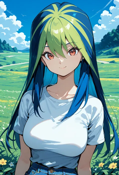 1girl, solo, (field:1.2), (sky:1.2), large breasts, smile, 
zakennjya_neeyo, red eyes, multicolored hair, green hair, blue hair, two-tone hair, long hair, hair between eyes, white shirt, short sleeves, denim skirt, <lora:zakennjya_neeyo_pony_ver2:0.7>, sco...