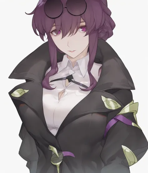 score_9, score_8_up. score_7_up, <lora:riiein:1>, riiein,
1girl, kafka (honkai: star rail), eyewear on head, solo, purple hair, shirt, white shirt, purple eyes, white background, simple background, sunglasses, looking at viewer, breasts, upper body, jacket...