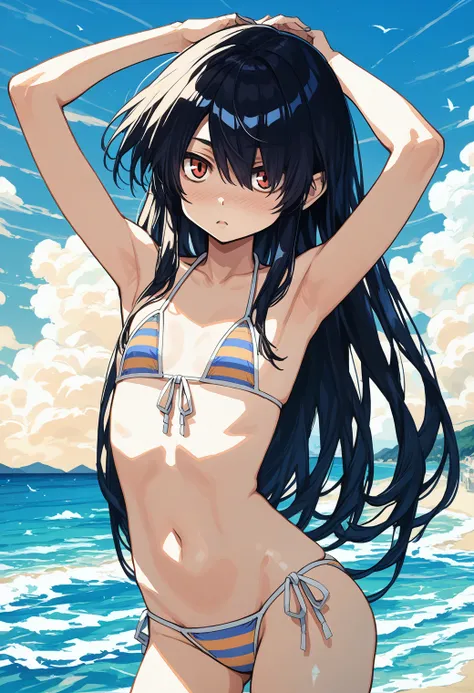 1girl, solo, (beach:1.2), (sky:1.2), (nose blush:1.2), cowboy shot, flat chest, arms up, 
izumozaki_neneko, hair over one eye, red eyes, long hair, black hair, striped bikini, side-tie bikini bottom, <lora:izumozaki_neneko_pony_ver2:0.8>, score_9, score_8_...