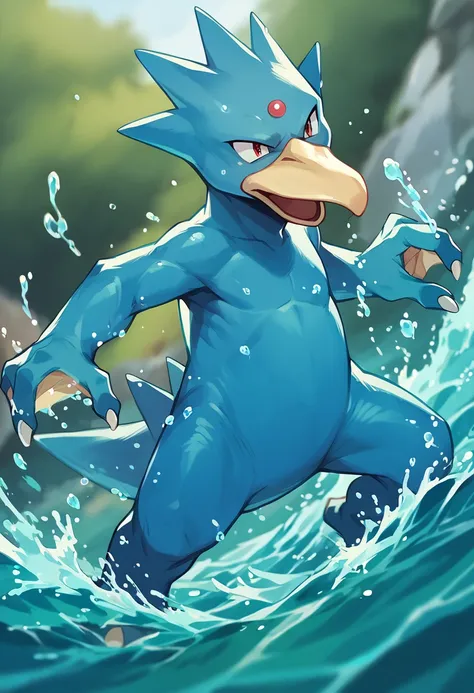 score_9, score_8_up, score_7_up, score_6_up, source_furry, solo, blurred background, dof,  full-length portrait,  <lora:POKEMON_GOLDUCK:1> golduck, pokemon (creature), webbed feet, webbed claws, beak, action pose, water splash effect in background