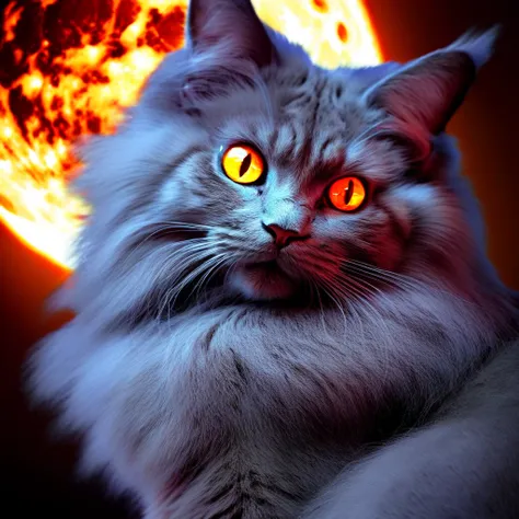 black fluffy gorgeous dangerous cat animal creature, large orange eyes, big fluffy ears, piercing gaze, full moon, dark ambiance, best quality, extremely detailed