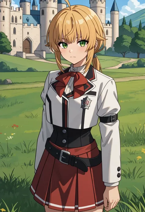 score_9,
<lora:MushokuTensei_NornGreyratXL:0.8>, NornGreyrat,
1girl, solo, closed mouth,
blonde hair, green eyes, ahoge, low ponytail,
NornSchool, blazer, cropped jacket, white jacket, red bowtie, arm belt, black corset, buttons, pleated skirt, red skirt, ...