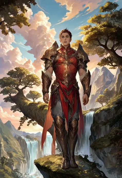 score_9, score_8_up, score_7_up, score_6_up, (1boy:1.2), looking_at_viewer,body armor, standing on edge of cliff,  
beautiful scenery nature sunset, cloud, golden tree afar, fantasy setting, waterfall,