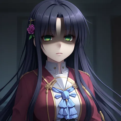 masterpiece, best quality, high quality, highly detailed, 4k, cinematic, highres, long hair, black hair, green eyes, Saku, insane, shaded face, dead eyes, expressionless, empty, 1girl, solo, big breasts, purple flower ornament