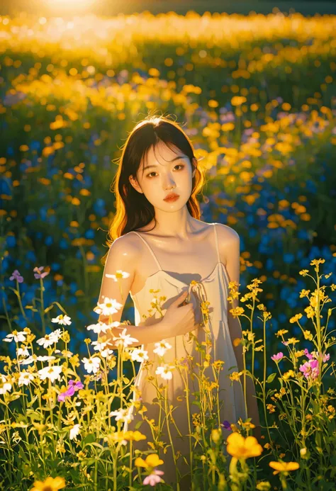 a young asian woman bathed in the warm glow of golden hour, standing in a field of wildflowers, soft shadows, radiant sunlight, contemplative expression, floral surroundings.