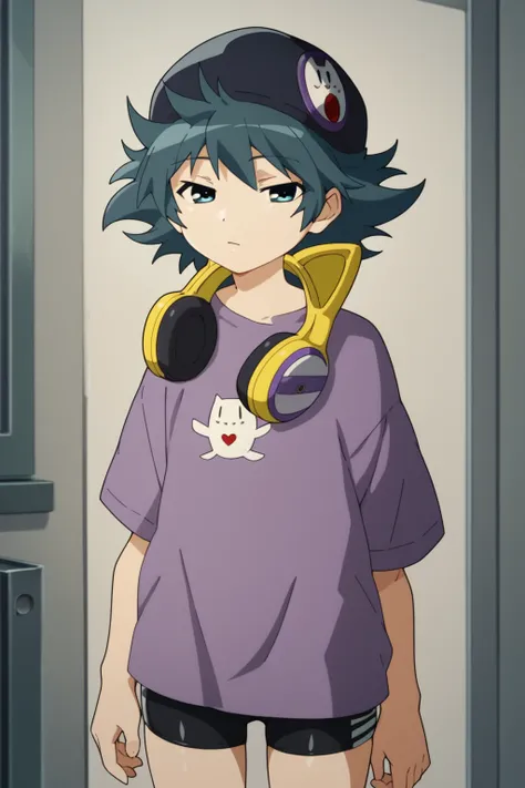 score_9, score_8_up, score_7_up, score_6_up, BREAK, 1girl, solo, kurokimisa, cowboy shot, black headwear, headphones around neck, purple shirt, bike shorts<lora:EMS-432652-EMS:1.000000>