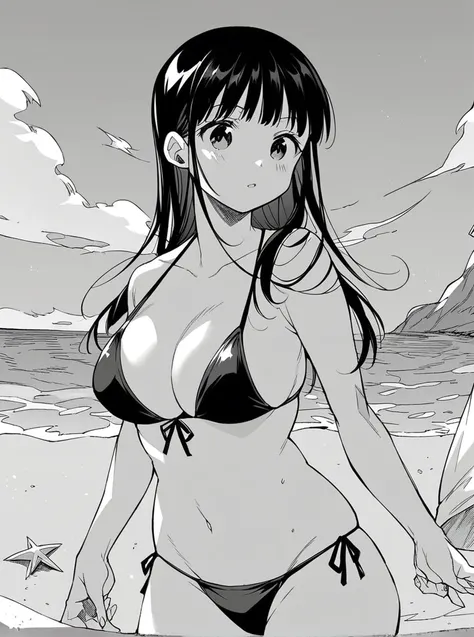 score_9, score_8_up, score_7_up, 
1girl, aragaki ami, black hair, black eyes, hair down, long hair, large breasts,

monochrome, standing, beach, black bikini,