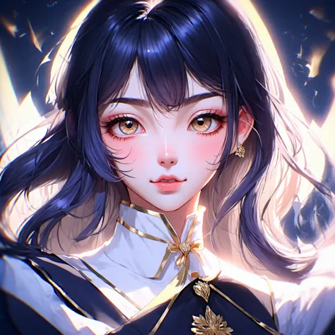 hd wallpapers for girls, in the style of indigo and gold, illusionary realism, realistic hyper-detail, anime aesthetic, shiny eyes, mythological imagery, light navy and gold