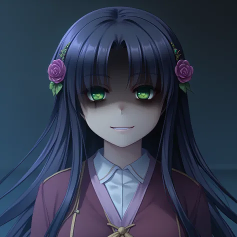 masterpiece, best quality, high quality, highly detailed, 4k, cinematic, highres, long hair, black hair, green eyes, Saku, insane, shaded face, dead eyes, creepy smile, 1girl, solo, big breasts, purple flower ornament