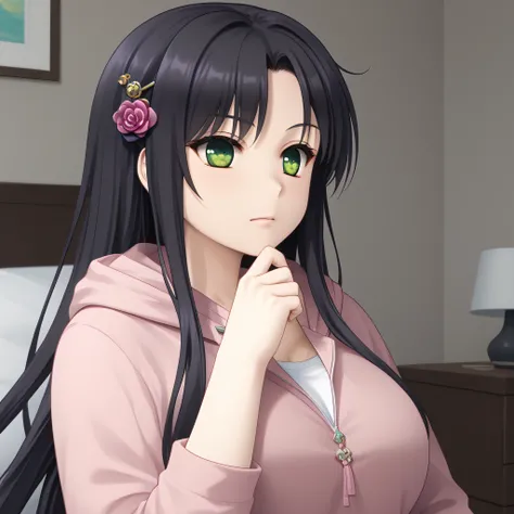 masterpiece, best quality, high quality, highly detailed, 4k, cinematic, highres, long hair, black hair, green eyes, Saku, casual clothes a, pink hoodie, white shirt  serious expression, thinking, hand on chin, 1girl, solo, big breasts, purple flower ornam...