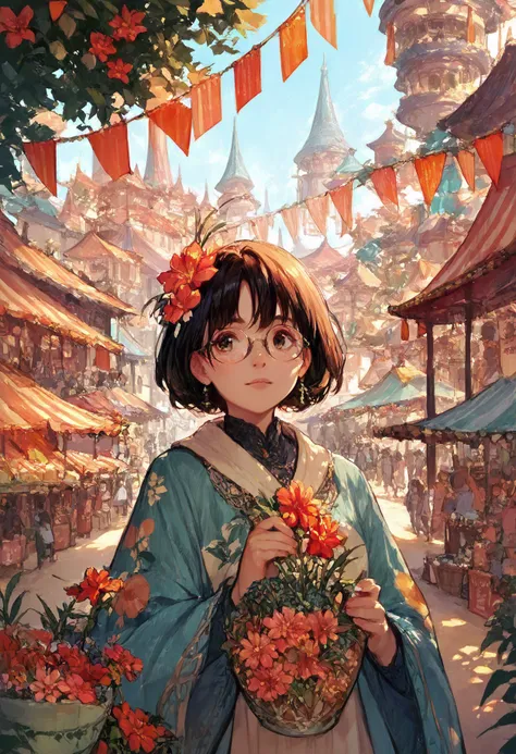 score_9, score_8_up, score_7_up, score_6_up, 1girl, glasses, upper_body, celebration, crowd, outdoor, magneficient buildings, market, flower