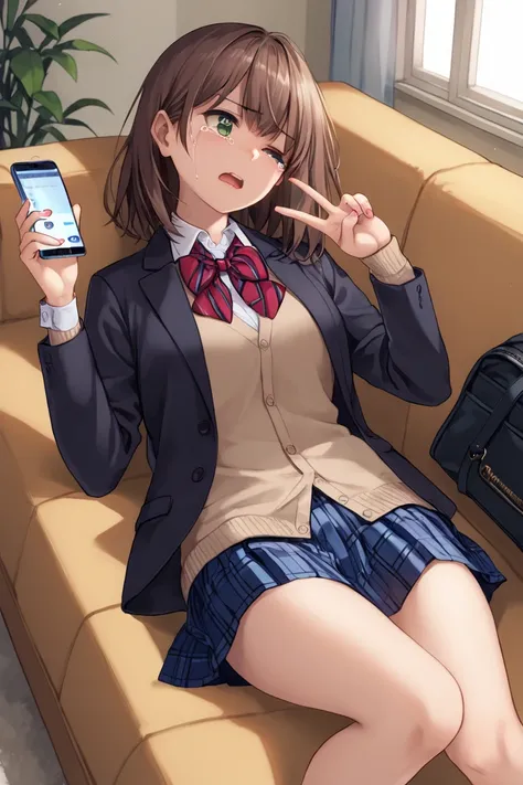 score_9, score_8_up, score_7_up,score_6_up,

1girl, bag, bare legs, black bag, black jacket, blanket, blazer, blue skirt, book, bow, bowtie, breasts, brown hair, brown sweater, buttoned cuffs, buttons, cellphone, collared shirt, commentary, couch, crying, ...