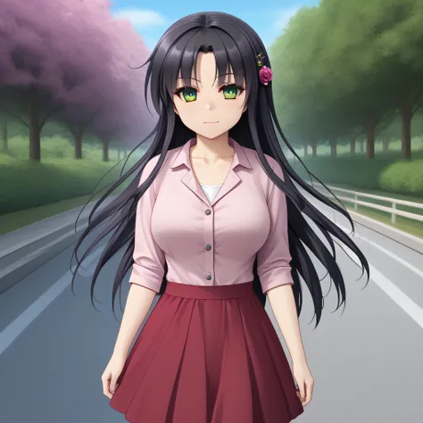 masterpiece, best quality, high quality, highly detailed, 4k, cinematic, highres, long hair, black hair, green eyes, Saku, casual clothes b, pink and white shirt, red skirt, walking towards viewer, 1girl, solo, big breasts, purple flower ornament