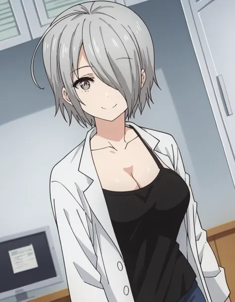 score_9, score_8_up, score_7_up, source_anime, <lora:chizuru-tachibana-s1-ponyxl-lora-nochekaiser:1>, chizuru tachibana, short hair, ahoge, grey hair, hair over one eye, grey eyes, large breasts,, lab coat, white lab coat, camisole, black camisole, collarb...