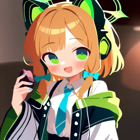 1girl,midori (blue archive),blue archive,aiamu iamu,holding food,holding,hooded jacket,food,sidelocks,:d,collared shirt,blurry,long sleeves,puffy sleeves,headphones,blue bow,hand up,necktie,halo,looking at viewer,jacket,sleeves past wrists,blush,nail polis...