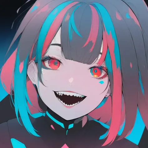 1girl，sumner, nose, ponytail, armor, black sclera, purple lips, neon trim, vambraces, pink eyes, glowing, red eyes, power armor, sharp teeth, grey hair, colored sclera, multicolored hair, grin, evil grin, asymmetrical bangs, two-tone hair, multicolored eye...