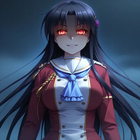 masterpiece, best quality, high quality, highly detailed, 4k, cinematic, highres, long hair, black hair, Saku, insane, shaded face, (noble uniform:1.6), dead eyes, creepy smile, empty, 1girl, solo, big breasts, purple flower ornament, black mist, red eyes,...