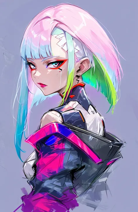 1girl, solo, lucy (cyberpunk), cyberpunk (series), asymmetrical hair, short hair, blue hair, green hair, pink hair, multicolored hair, blue eyes, eyeliner, eyeshadow, makeup,, rough color sketch style, concept design, rough sketch, color sketch, <lora:roug...