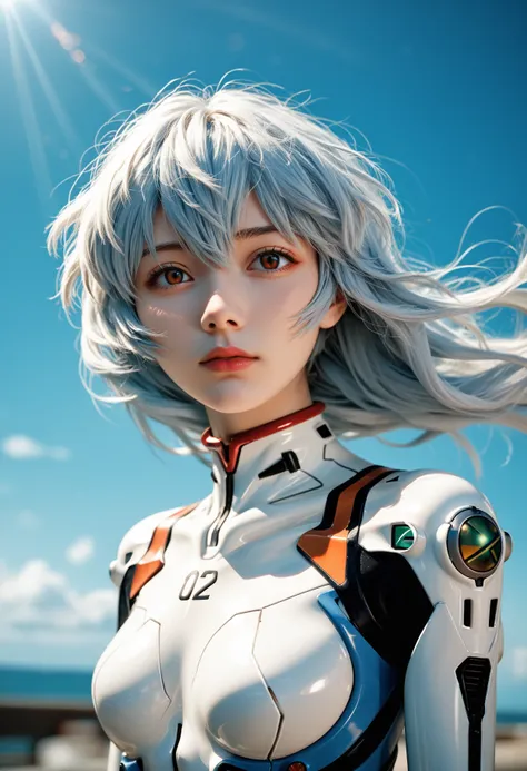 1girl,ayanami rei,neon genesis evangelion,rebuild of evangelion,plugsuit,pilot suit,white bodysuit,looking at viewer,head tilted...