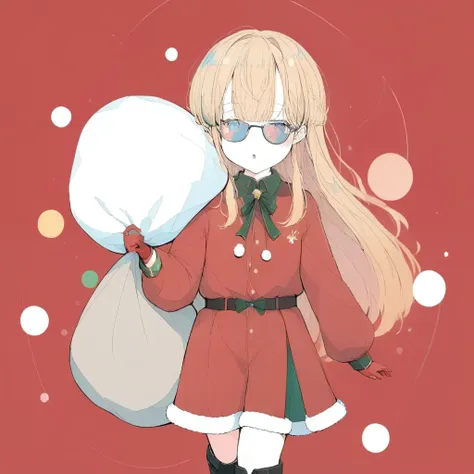 1girl，sumner, eyewear on head, coat, round eyewear, fur-trimmed coat, fur trim, chibi, hair over one eye, parted bangs, black footwear, blue eyes, holding, boots, simple background, red gloves, one eye covered, very long hair, santa costume, looking at vie...