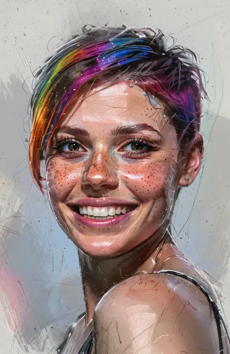 beautiful lady, (freckles), big smile, brown hazel eyes, Short hair, rainbow color hair, dark makeup, hyperdetailed photography, soft light, head and shoulders portrait, cover rough color sketch style, concept design, rough sketch, color sketch, <lora:roug...