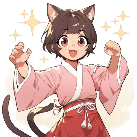 score_9, score_8_up, score_7_up, score_6_up, Hwa-Somi, Chronicles-of-The-Martial-Gods-Return, 1girl, smile, open mouth, short hair, skirt, brown hair, black hair, long sleeves, animal ears, brown eyes, tail, korean clothes, cat ears, wide sleeves, cat tail...