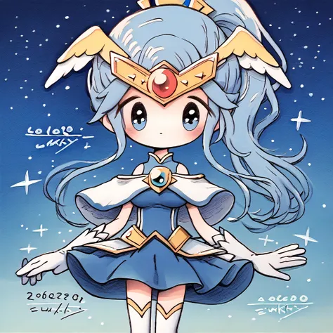 <lora:zukky000-10:1.5>  <lora:blorgkb:1> lorbeco, long hair, light blue hair, ponytail, star_(symbol), headpiece, forehead star gem, ahoge, head wings, blue eyes, android, magical girl, gloves, thighhighs, detached sleeves, skirt, white footwear, shoulderl...